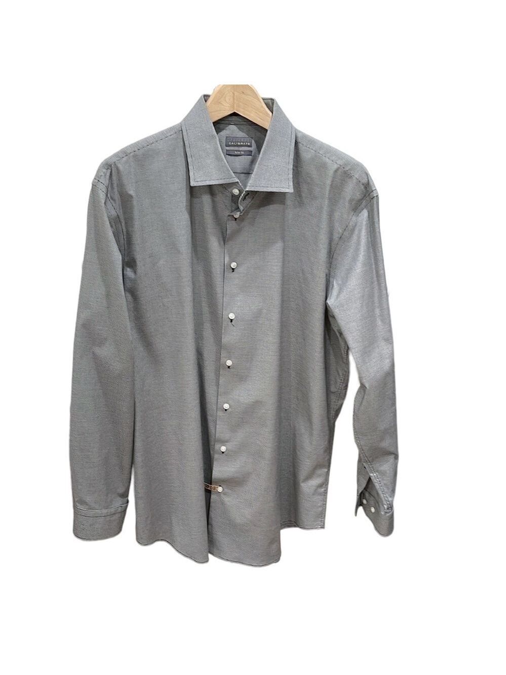 CALIBRATE‎ Men’s Mini Black White Check Dress Shirt No Iron Trim Fit SZ 17.5